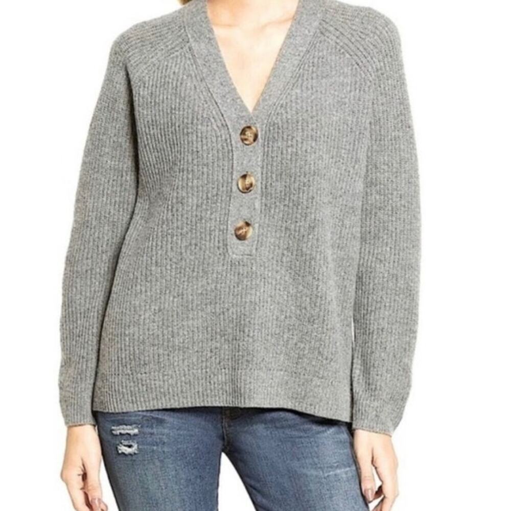Madewell Ribbed Knit Merino Wool‎ Blend Lyle Henley Sweater Gray Size Medium